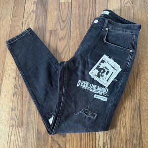 Zara Black Jeans Distressed Patches Faded Pants Skinny Fit Denim Size 31